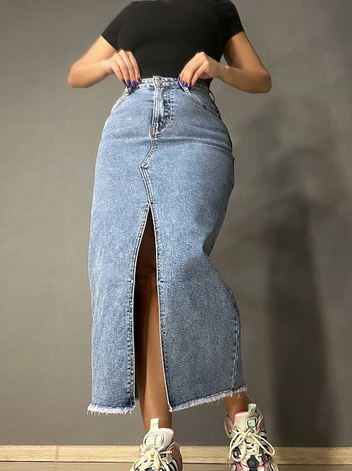 Юбка женская джинсовая Moss 502 длинная с бахромой разрез впереди стрейчевая голубая, голубой, 25, 25, 68 см, 95 см Киев - изображение 1