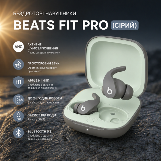 Навушники Beats Fit Pro Grey TWS Bluetooth, ANC, Spatial Audio, Apple H1, до 24 год, IPX4 Киев