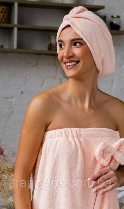 Набір жіночий рушник-халат+рушник на голову(чалма) для душу,сауни,відпочинку 140*0.8 Львов - изображение 1