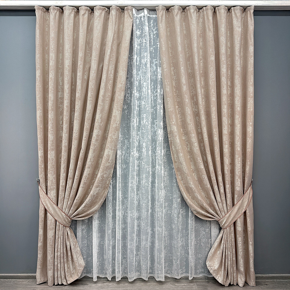 Комплект штор VR-Textil Жакард Мармур 100х270 2шт і Тюль 400х270 1290ш-1400т Бежево-пудровий з білим 71-120/2 Київ - фото 1