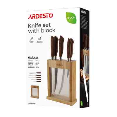 Набор ножей Ardesto Midori, 6 предметів, нержавіюча сталь, пластик, бамбук, коричневий (AR2105GR) Винница