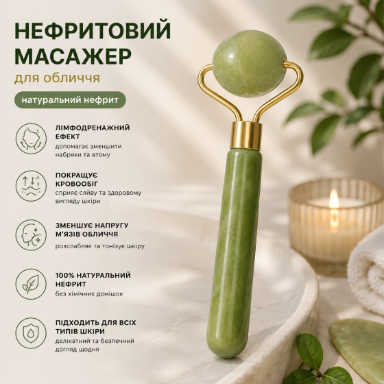 Нефритовий масажер для обличчя роликовий зелений подвійний з натурального нефриту для лімфодренажного масажу Київ