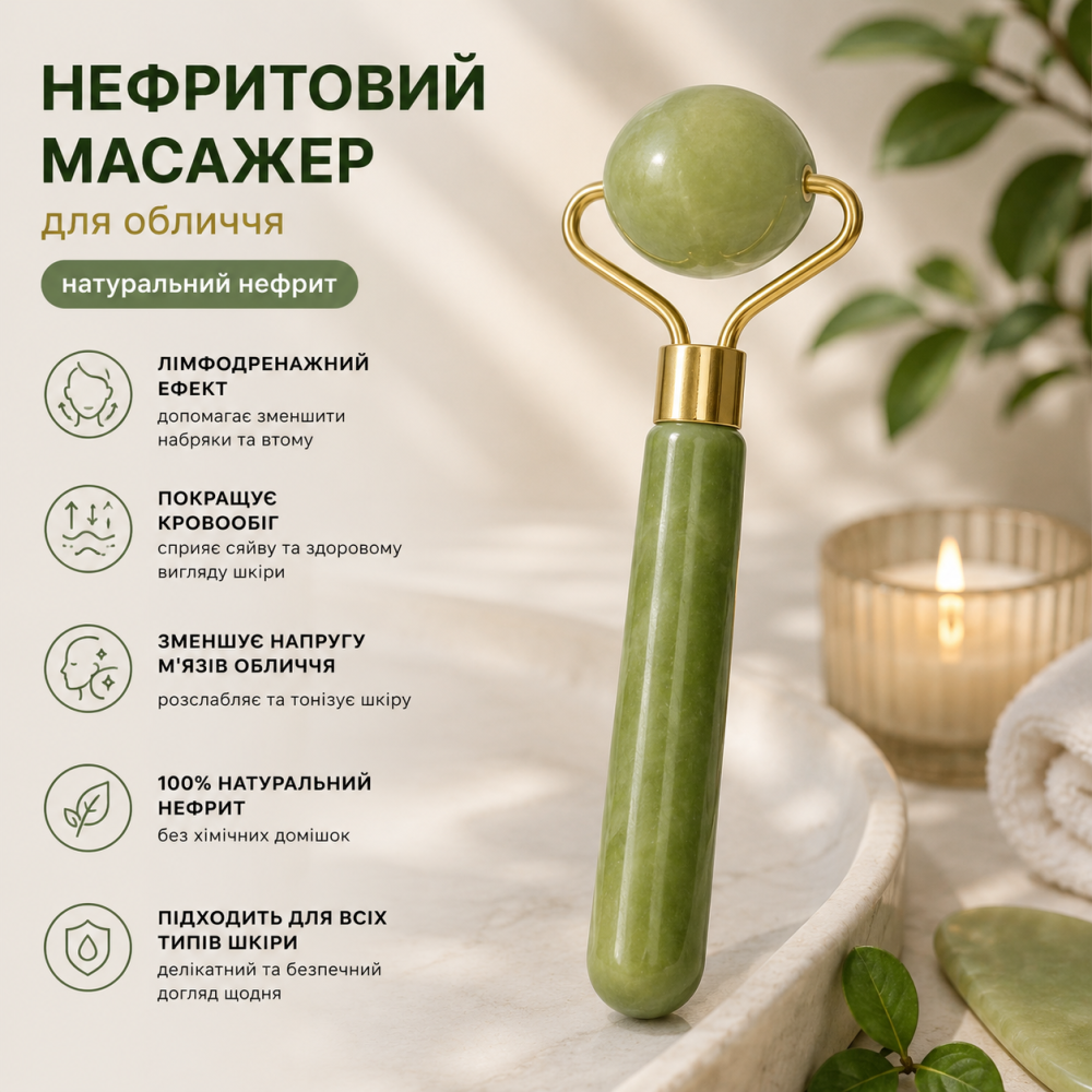 Нефритовий масажер для обличчя роликовий зелений подвійний з натурального нефриту для лімфодренажного масажу Київ - фото 2