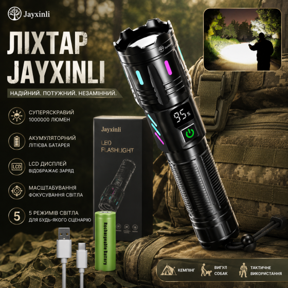 Акумуляторний тактичний ліхтар Jayxinli F15 1 000 000 Lm: LED, РК-дисплей, PowerBank, IP67, 5000 mAh (Чорний) Київ
