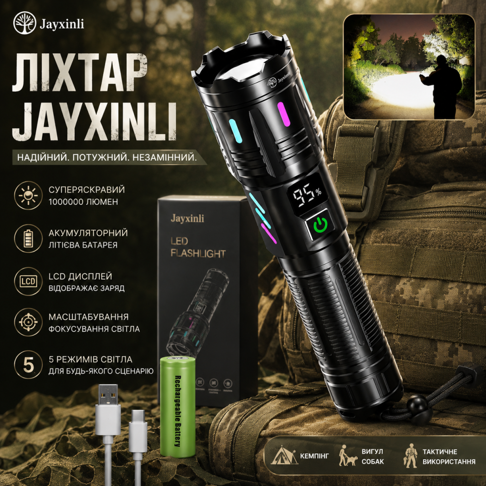 Акумуляторний тактичний ліхтар Jayxinli F15 1 000 000 Lm: LED, РК-дисплей, PowerBank, IP67, 5000 mAh (Чорний) Київ - фото 1