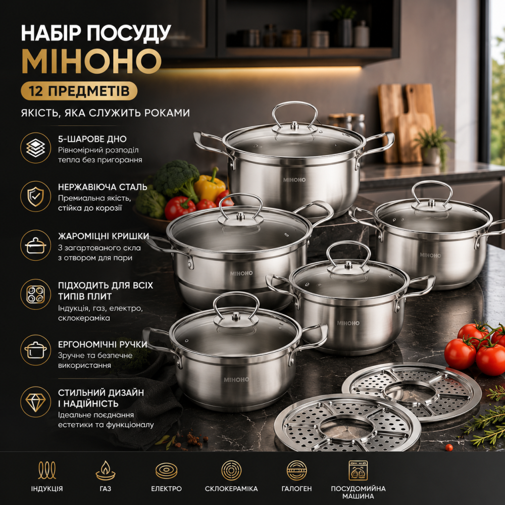 Набір посуду Mihoho з нержавіючої сталі 12 предметів, 5-шарове дно, індукція, газ, електроплита, каструлі з кришками Київ - фото 7