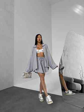 Жіночий літній оверсайз костюм-двійка: сорочка та шорти льон Сірий Одеса