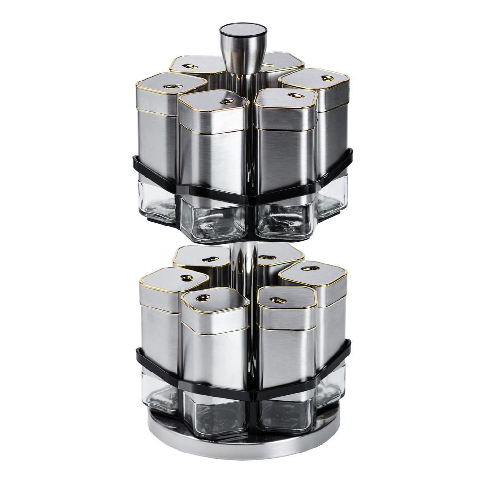 TS Kitchen Набір для спецій на підставці 12 баночок по 120 мл, хром із золотом Коломия - фото 1