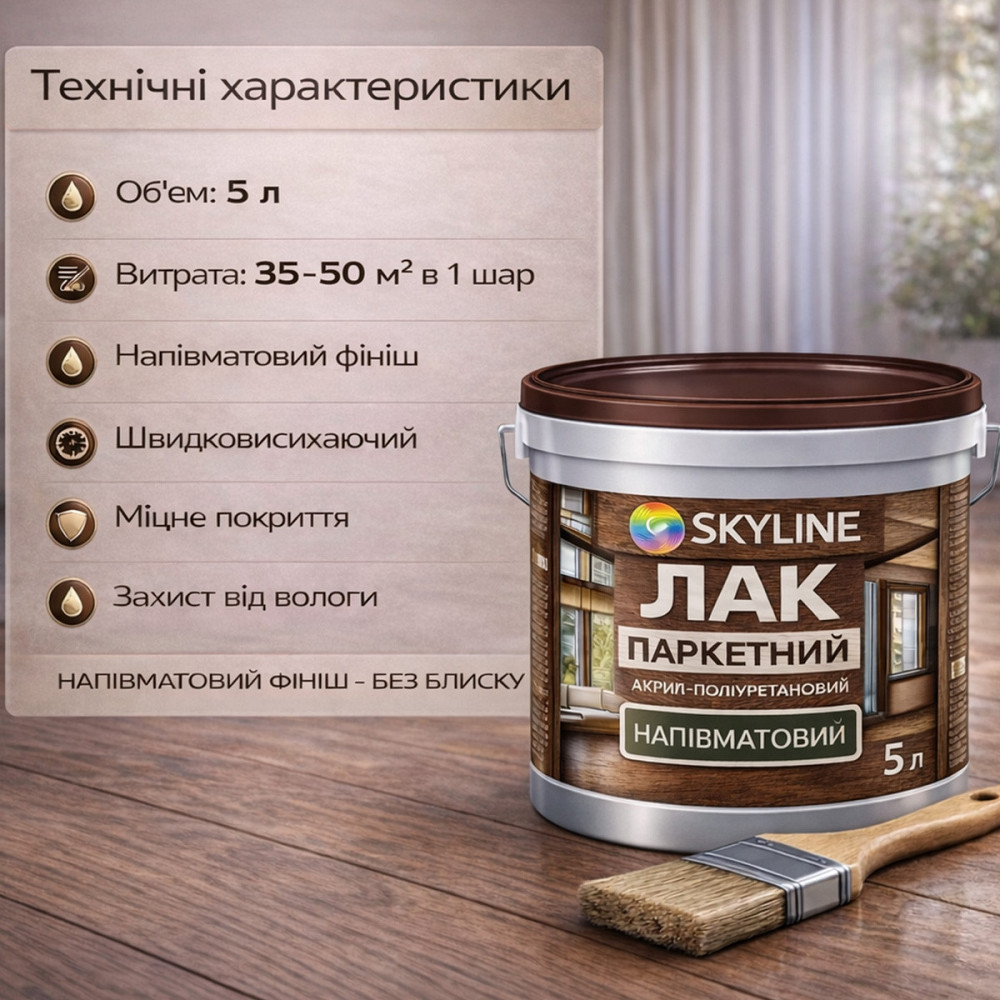 Лак для підлоги напівматовий Skyline паркетний, акрил-поліуретановий, водний, зносостійкий, без запаху, 5 л Харків - фото 10