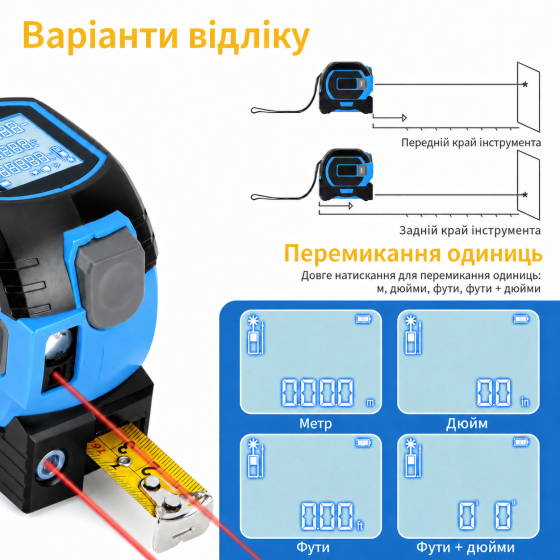 Рулетка 3в1 лазерная 100м, измерительная 5м, нивелир 90° с метрической и дюймовой системой с дисплеем,mod.D13338 Каменец-Подольский