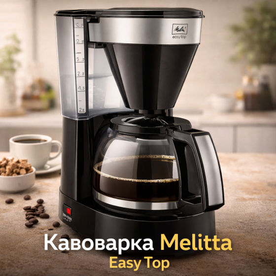 Крапельна фільтр-кавоварка Melitta Easy Top Timer (1010-04) з вбудованим дисплеєм та скляним глечиком на 10-15 чашок, чорна нержав Київ