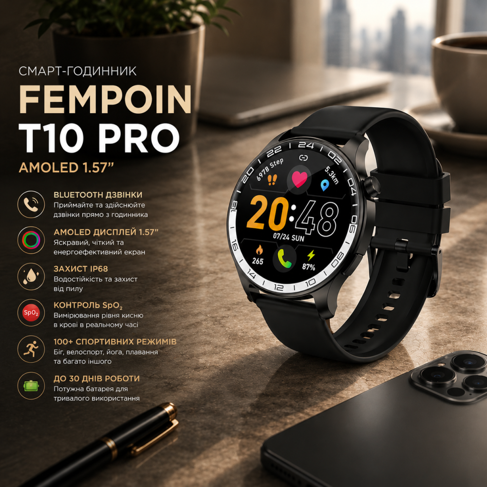 Смарт-годинник Fempoin T10 Pro Black AMOLED 1.57", Bluetooth дзвінки, IP68, SpO2, 100+ спортивних режимів, до 30 днів Київ - фото 8