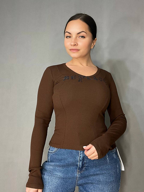 Лонгслів жіночий A-N 25079 рубчик реглан v-виріз з написом принт корсетні шви one size, коричневий, one size Київ - фото 5