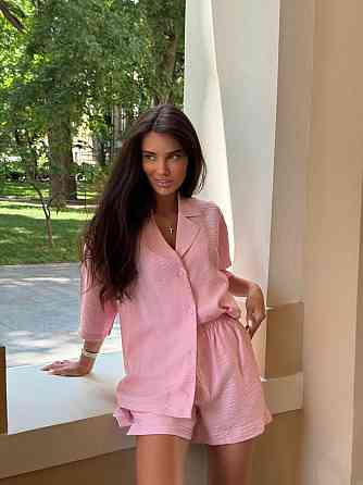 Женский летний базовый костюм двойка: шорты + рубашка свободного кроя лен бохо 42/44, Барби Одесса