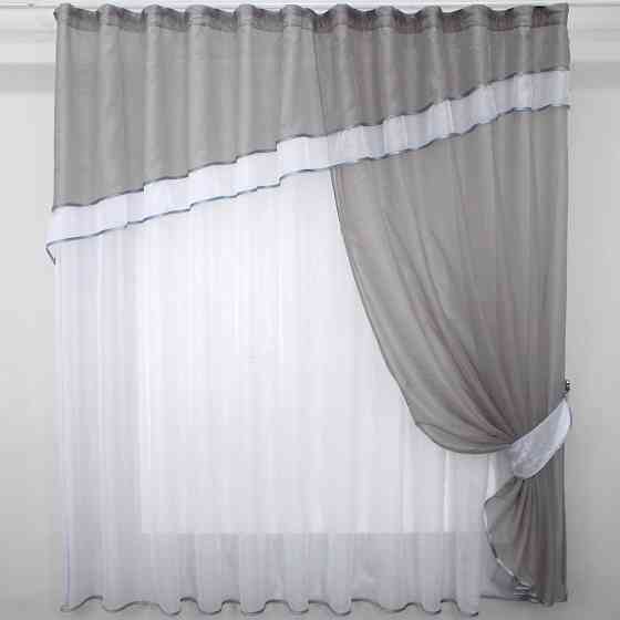Кухонна занавіска VR-Textil № 018к штора і тюль з ламбрекеном сірий з білим 270х170 см (50-218) Киев