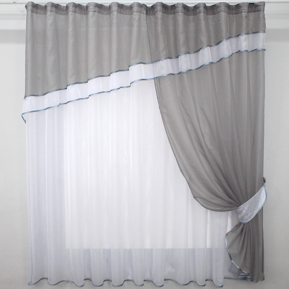 Кухонна занавіска VR-Textil № 018к штора і тюль з ламбрекеном сірий з білим 270х170 см (50-218) Киев - изображение 1