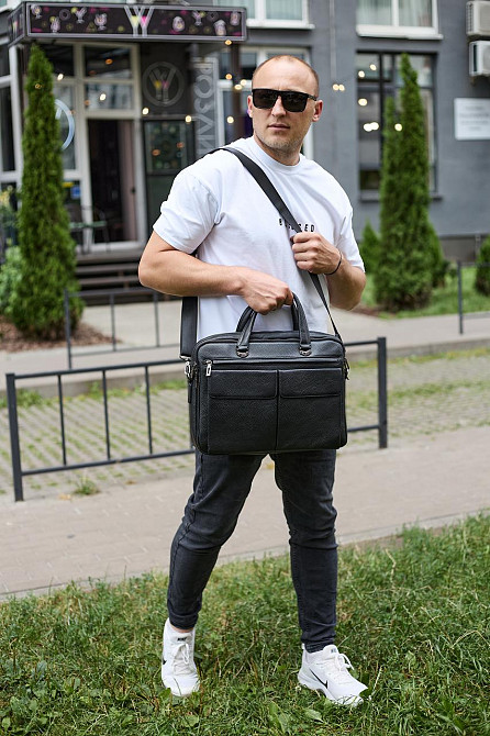 Сумка чоловіча офісна через плече 39х29х10, практичний шкіряний портфель для бізнесу, сумочка для навання, чорний Київ - фото 5