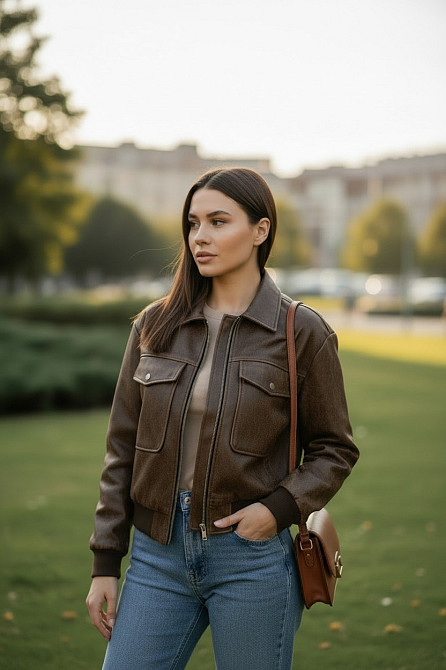 Жіноча куртка бомбер з еко-шкіри Коричневий XS Харків - фото 8