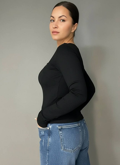 Лонгслів жіночий A-N 25079 рубчик реглан v-виріз з написом принт корсетні шви one size, чорний, one size Київ - фото 19