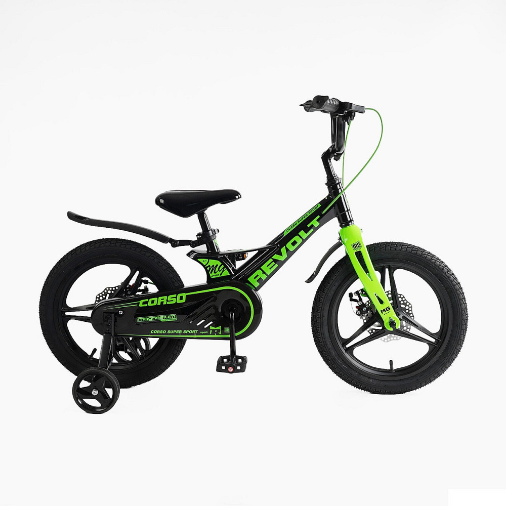 Велосипед 2-х колісний CORSO REVOLT 16 дюймів дискові гальма додаткові колеса Чорно-салатовий (MG-16090) Чернігів - фото 4