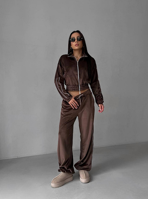 Женский повседневный велюровый костюм двойка: кофта и брюки Шоколадный, 48/52 Одесса - изображение 2