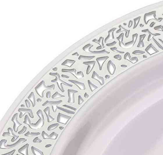 Набор тарелок пластиковых круглые 12 шт, десертные 19 см и обеденные 26 см,белые с серебристым узором Каменец-Подольский