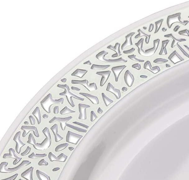 Набір тарілок пластикових круглі 12 шт, десертні 19 см і обідні 26 см, білі зі сріблястим візерунком Кам'янець-Подільський - фото 3