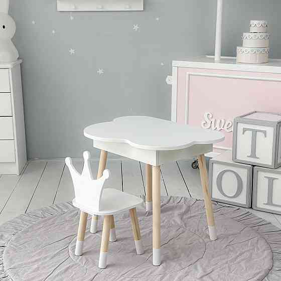 Столик хмаринка з відкидною нішею 54х68х50 і стільчик корона 26х26х24, стіл та стілець в дитячу, білий Київ