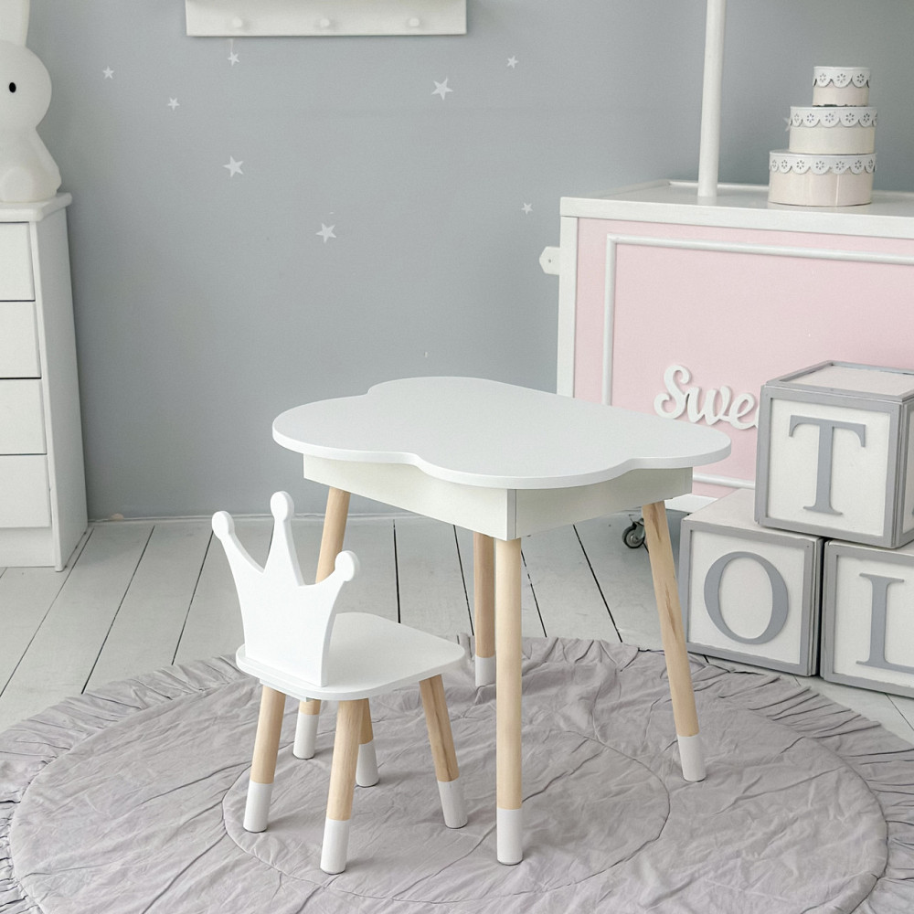 Столик хмаринка з відкидною нішею 54х68х50 і стільчик корона 26х26х24, стіл та стілець в дитячу, білий Київ - фото 2
