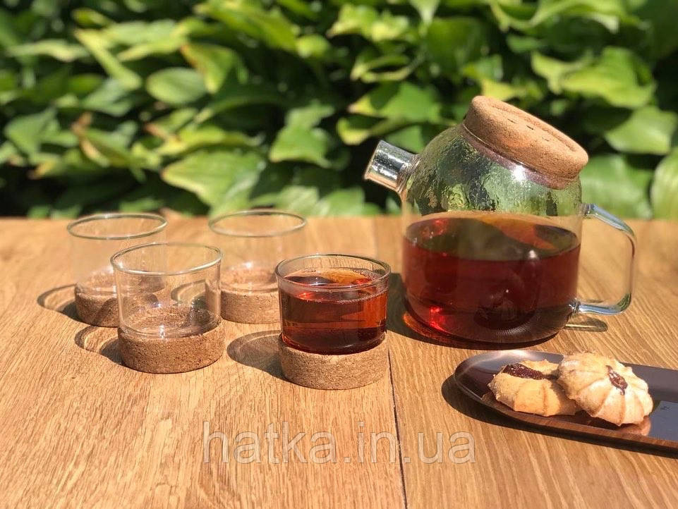 Набір чашок для чаю Olens "Button" 4 шт 125 мл скляна чашка з корковою вставкою Київ - фото 3