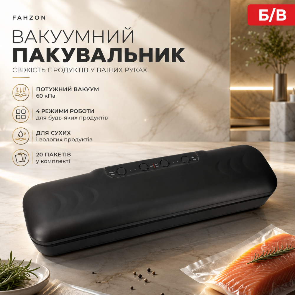 Б/В Вакуумний пакувальник FAHZON: 60 кПа, 4 режими, для сухої та вологої їжі + 20 пакетів у комплекті Київ - фото 10
