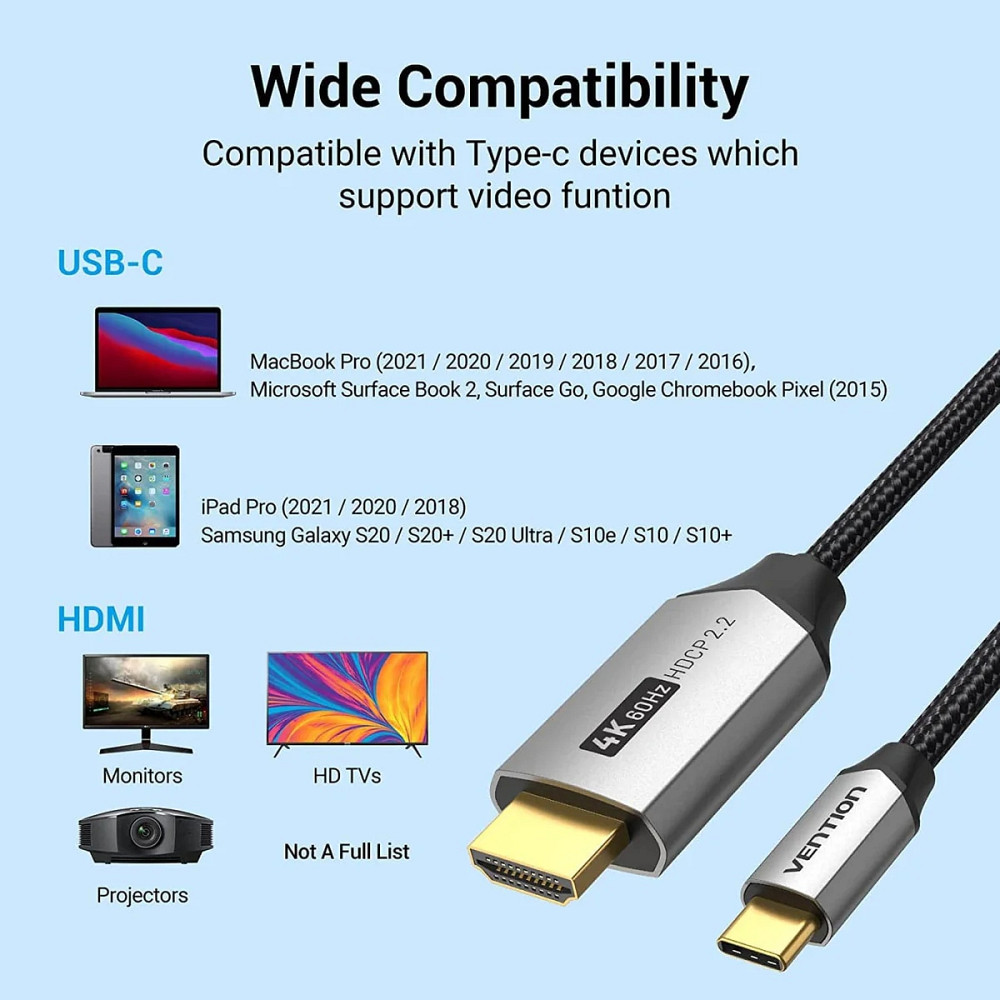 Кабель USB 3.1 Type-C M - HDMI M, 1.5m 4K 60 Гц Thunderbolt 3 HDCP2.2 PVC Black Vention Вінниця - фото 6