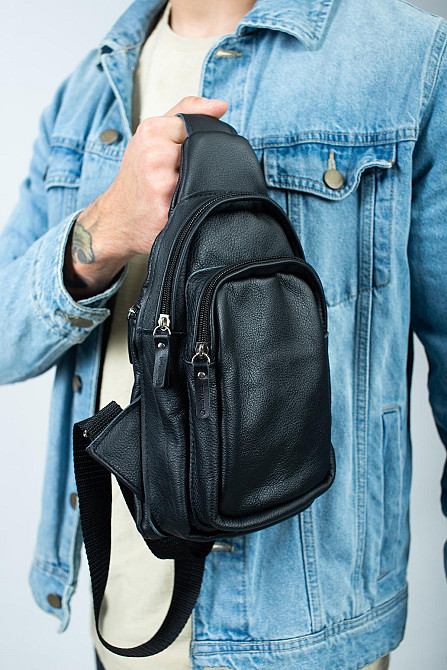 Сумка через плече чоловіча, сумка-слінг із натуральної шкіри SL015 (Чорна) Суми - фото 3