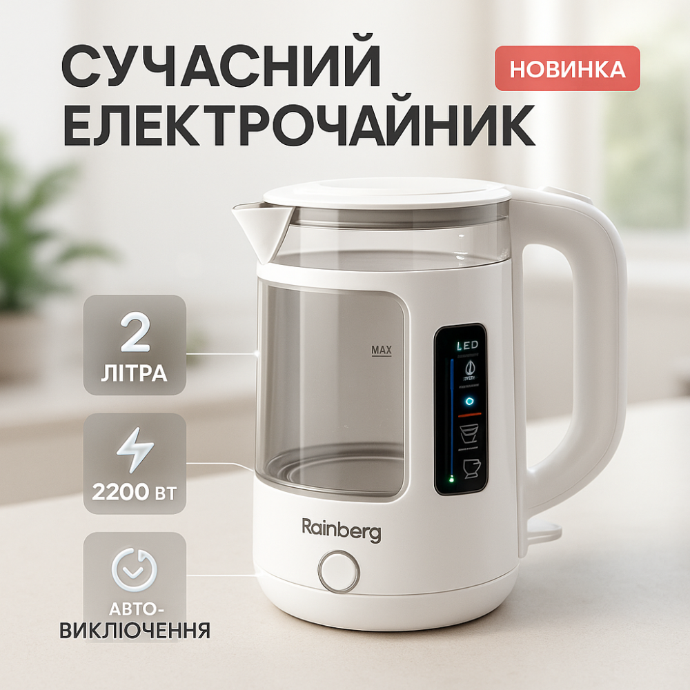 Электрочайник на кухню Rainberg RB-2220 2200 Вт 2 л, Электрический чайник бесшумный OM-37 Львов - изображение 17