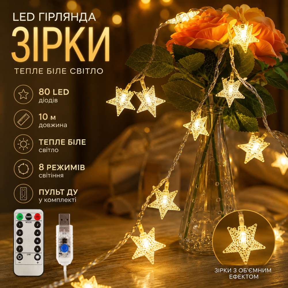 LED Гірлянда "Зірки" (10 м, 80 LED, USB): тепле біле світло, 8 режимів, пульт ДУ для святкової атмосфери Київ - фото 10