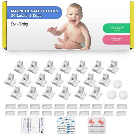 Магнітні замки Eco-Baby для дитячого захисту набір 20 шт + 3 ключі, для шафи, шухляди, замок-блокіратор, непомітні, білі Київ
