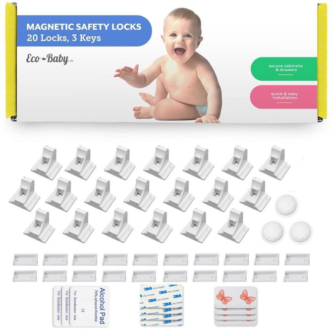 Магнітні замки Eco-Baby для дитячого захисту набір 20 шт + 3 ключі, для шафи, шухляди, замок-блокіратор, непомітні, білі Київ - фото 1