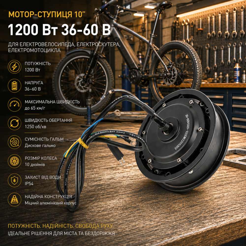 Мотор-ступиця 10" 1200 Вт 36–60 В для електровелосипеда, електроскутера, електромотоцикла, 1250 об/хв, дискове гальмо, до 65 км/г Київ - фото 19