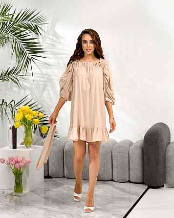 Жіноче легке романтичне мініплаття з льону. Пісочний, 46/48 Одеса