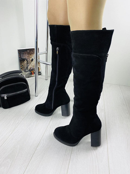 Чоботи жіночі Odzi чорні натуральна замша зима висота 39см обхват 34-40см каблук 9см (C-9224) Коломыя - изображение 4