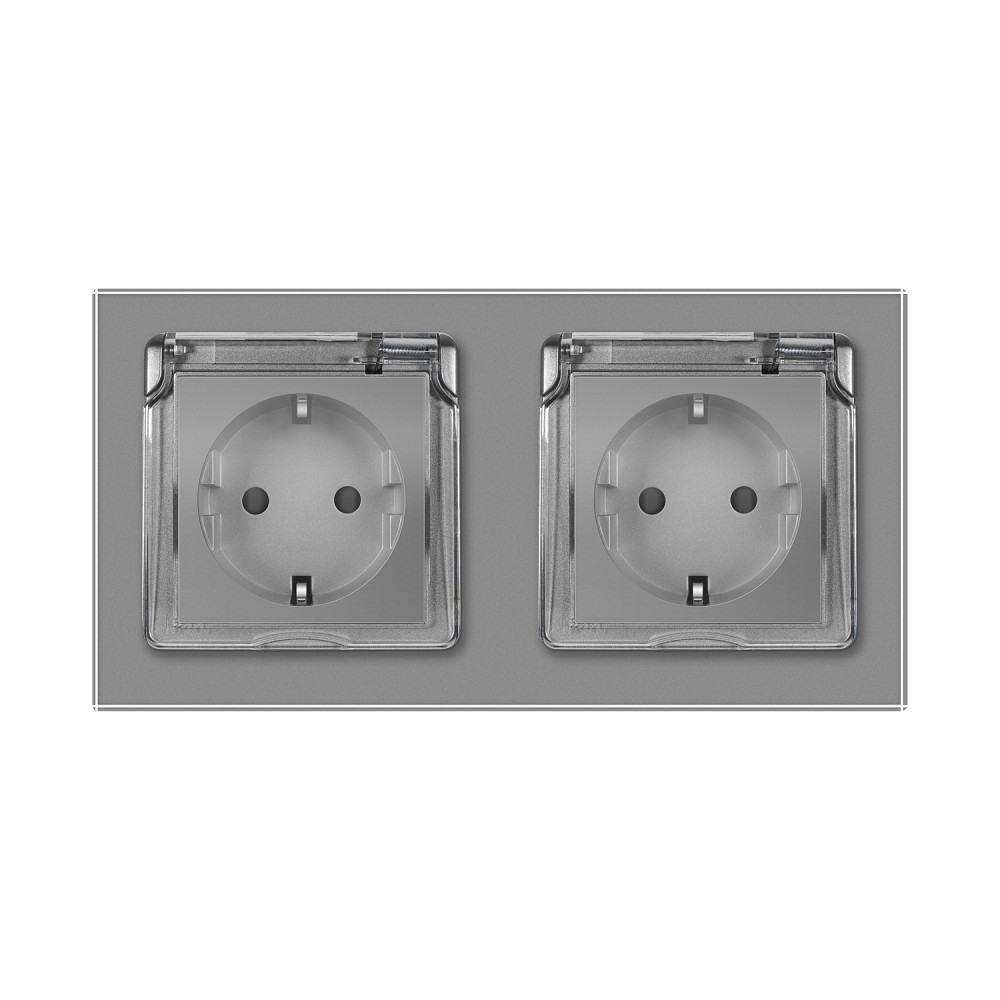 Подвійна електрична розетка вологозахисна з кришкою IP44 з заземленням, LIVOLO, сіра, скляна рамка, шторки, 250В 16А (VL-C7C2EUWF-15) Коломыя - изображение 7