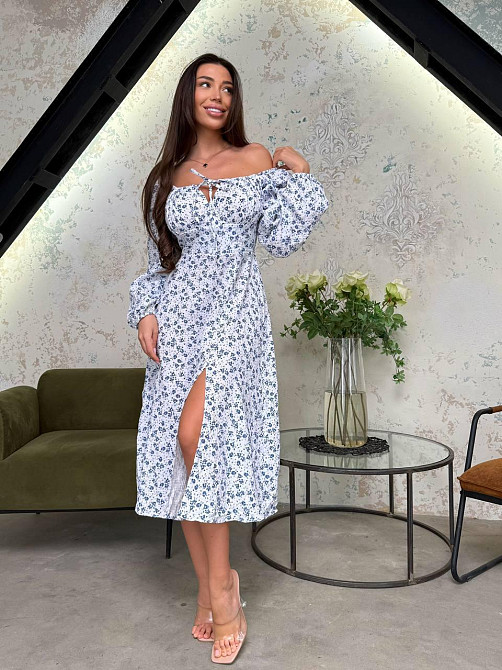 Стильное женское элегантное платье с цветами муслин принт. Голубой, 50/52 Одесса - изображение 1