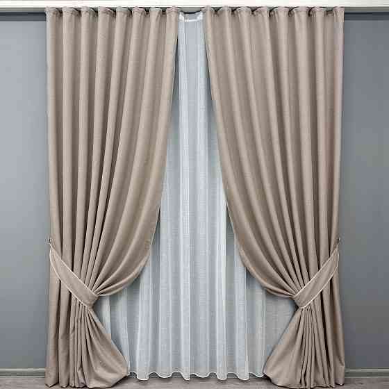 Комплект штор VR-Textil льон преміум ELEMENTA 150х270 2шт і Тюль 400х270 1869ш-115т бежевий з білим 71-073/3 Київ