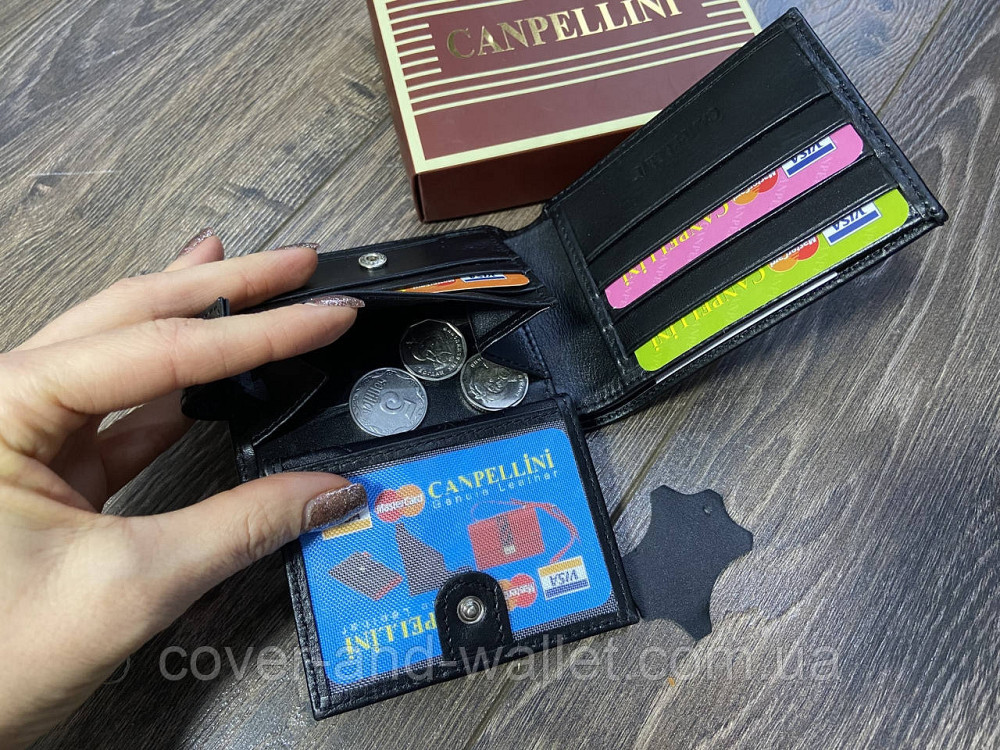 Тонкий мужской кожаный кошелек небольшого размера черного цвета Сanpellini Киев - изображение 7