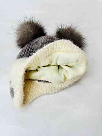 Шапка дитяча зимова з натуральними помпонами песця Коричневий Харків