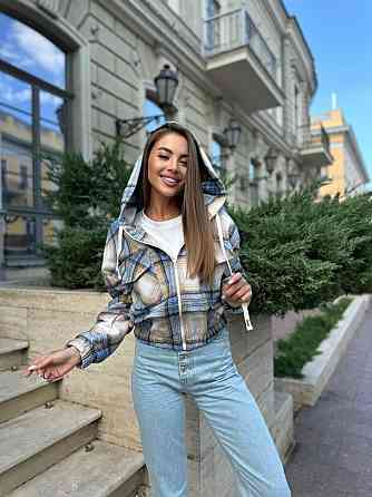 Жіноча кофта в клітинку на блискавці з капюшоном котон Блакитний, 42/44 Одеса