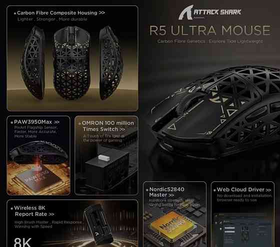 Топова миша Attack Shark R5 Ultra 42000dpi 8К карбон 39 грам. Харків