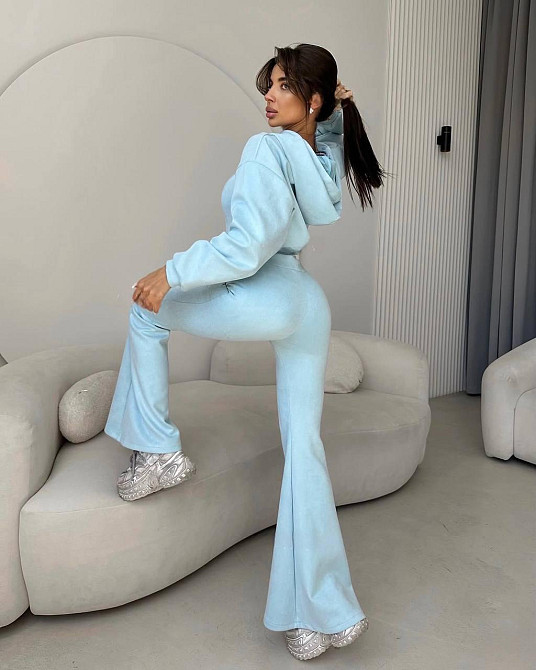 Женский стильный костюм тройка: кофта, корсет и лосины замш на дайвинге Голубой, 42/44 Одесса - изображение 4
