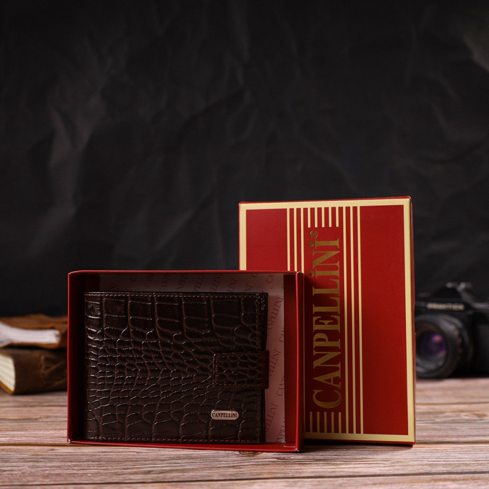 Функциональный горизонтальный кошелек для мужчин из натуральной кожи с тиснением под крокодила Коричневый (CANPELLINI) Киев - изображение 4