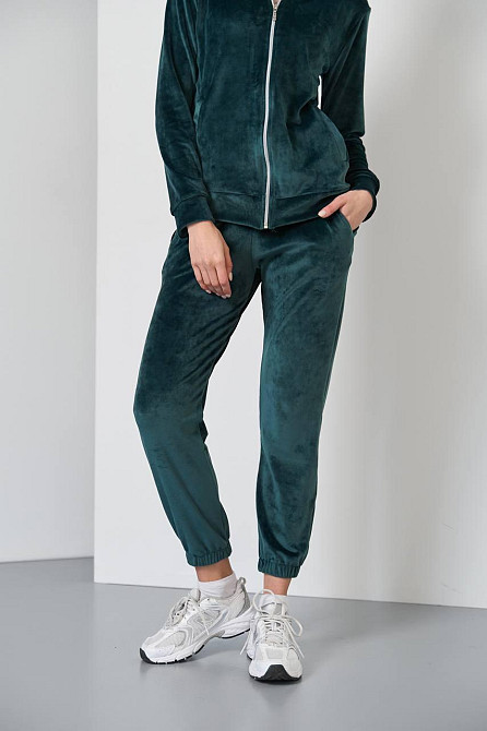 Женский велюровий костюм на змейке с капюшоном Изумрудный L Харьков - изображение 4